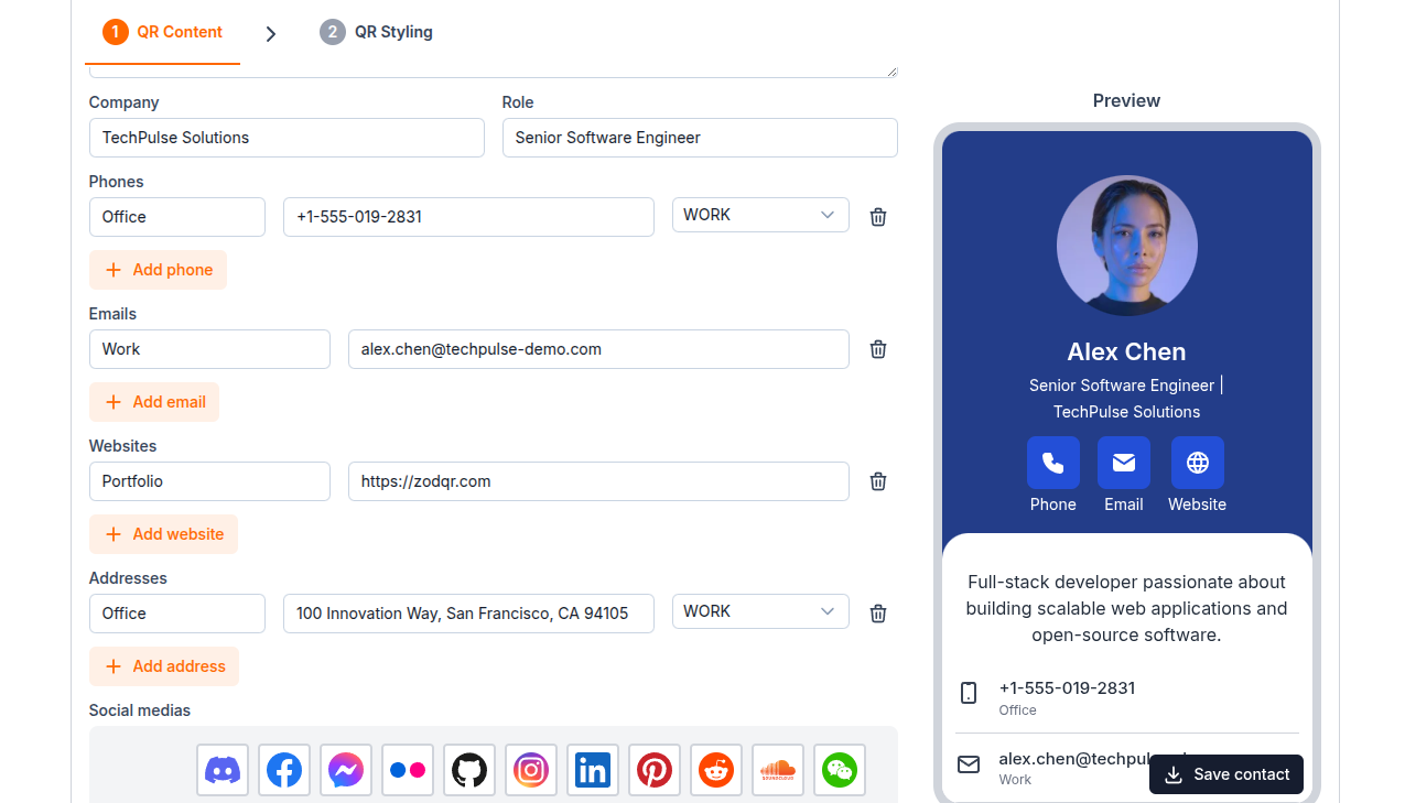 Add email, website, address