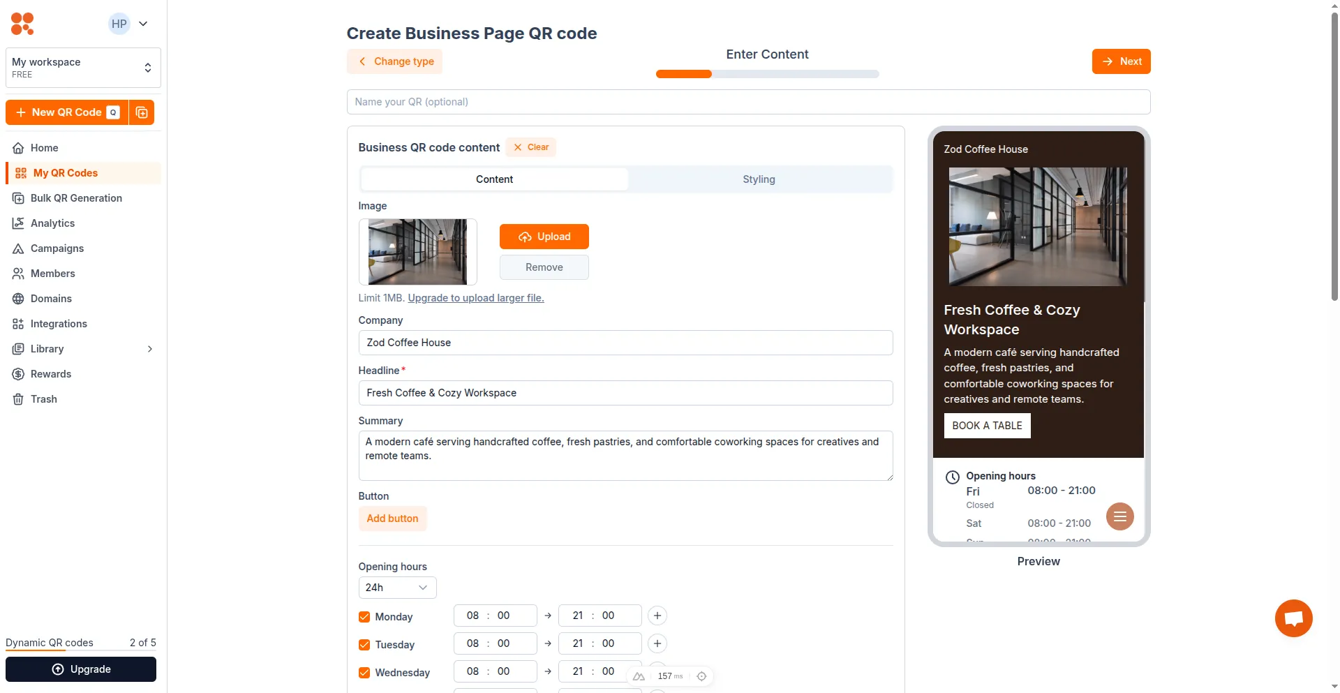 Enter Business page QR content