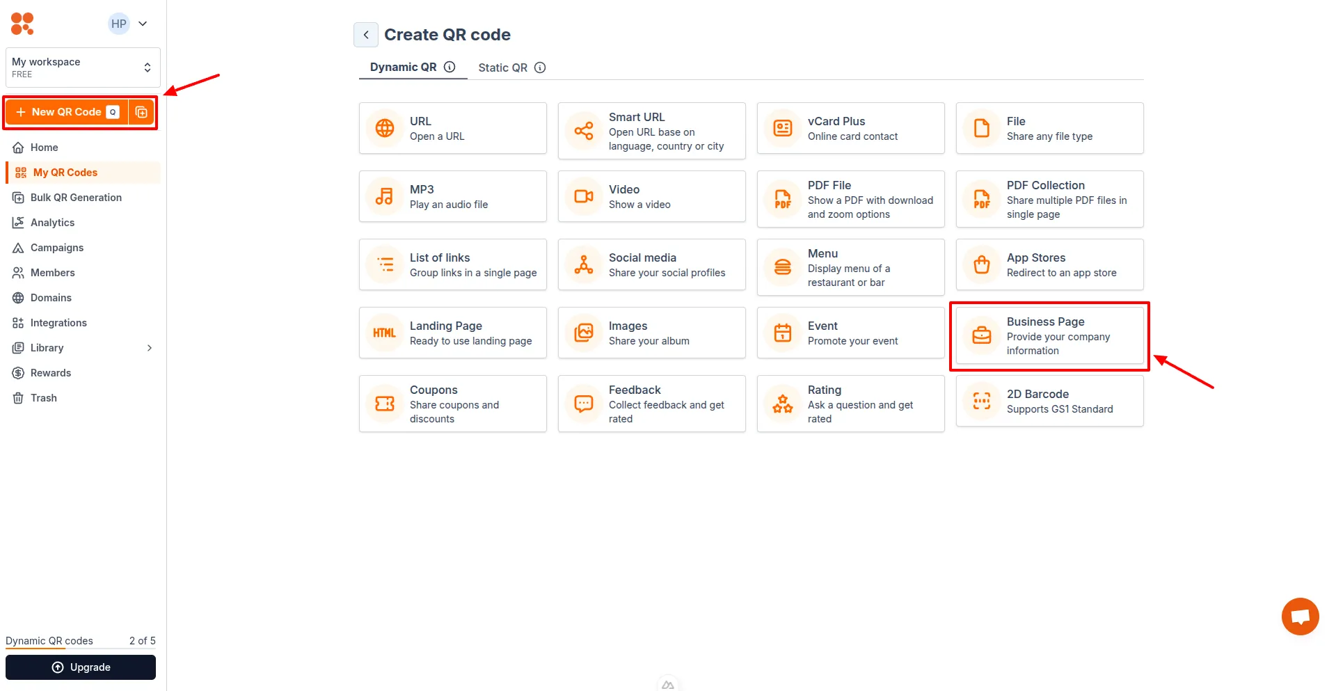 Select Business page QR type