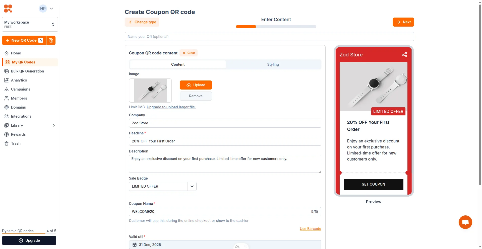 Enter Coupon QR content