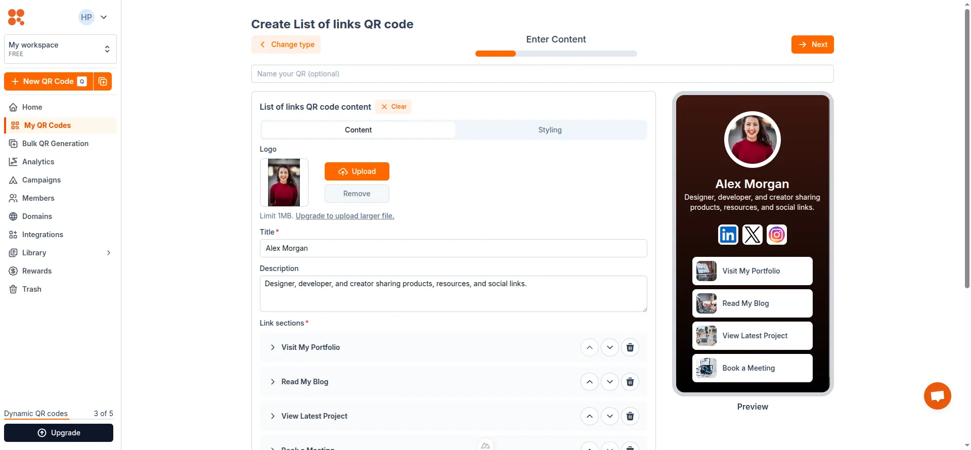 Enter List of links QR content