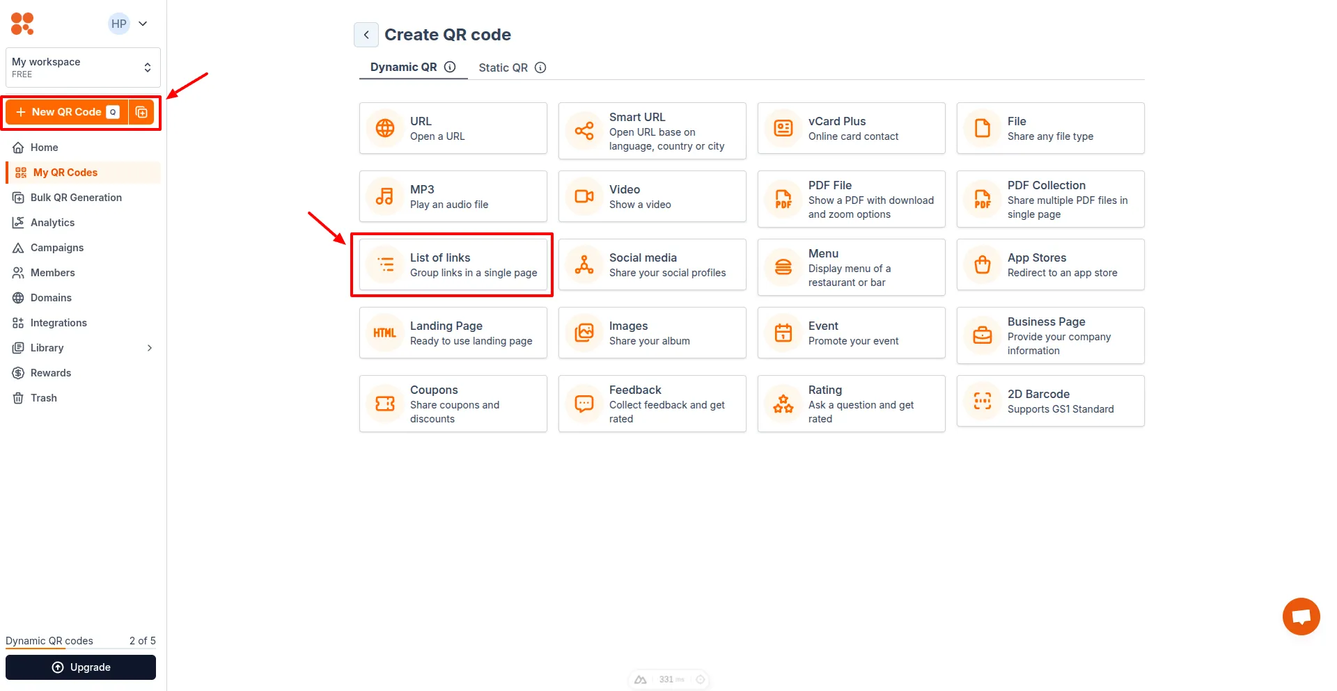 Select List of links QR type