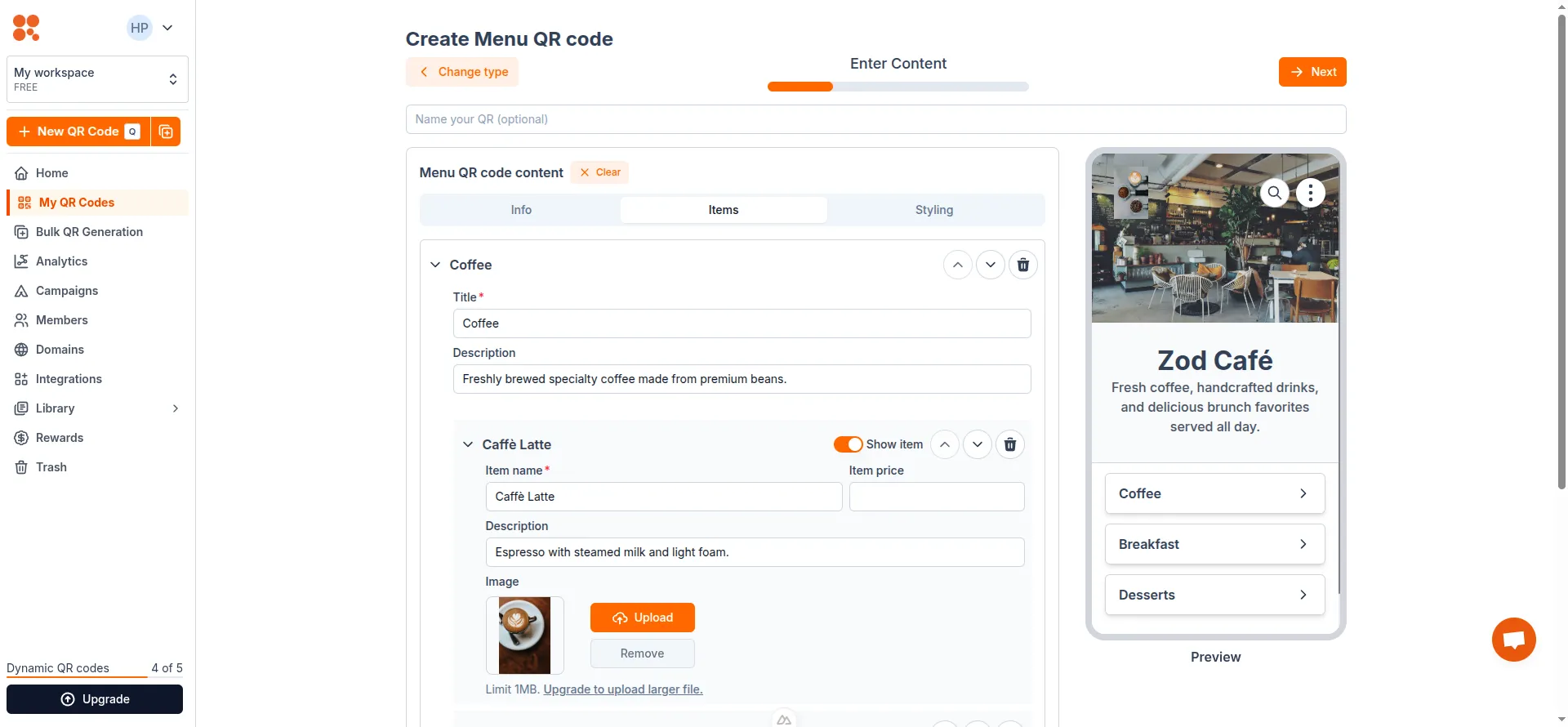 Add items to menu