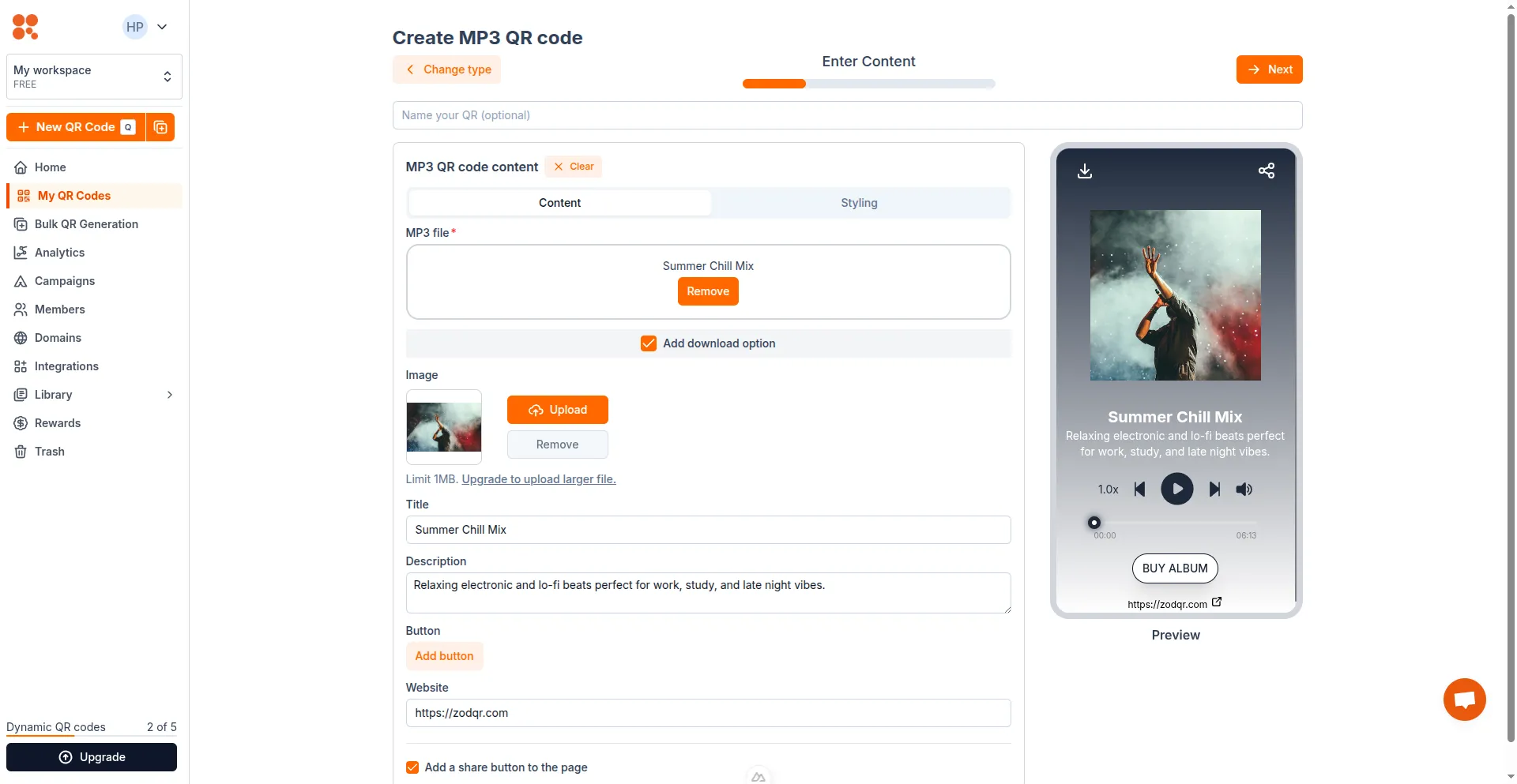 Enter MP3 QR content