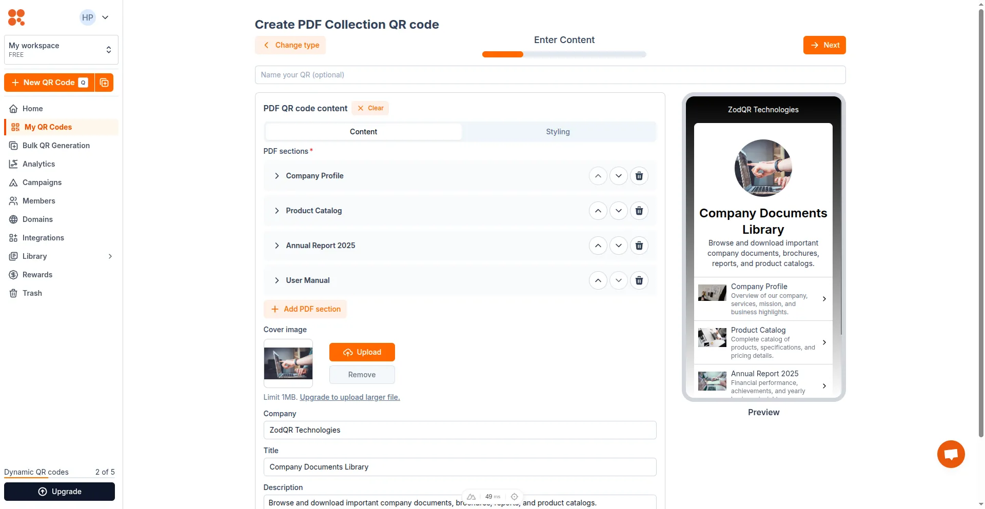 Enter PDF Collection QR content