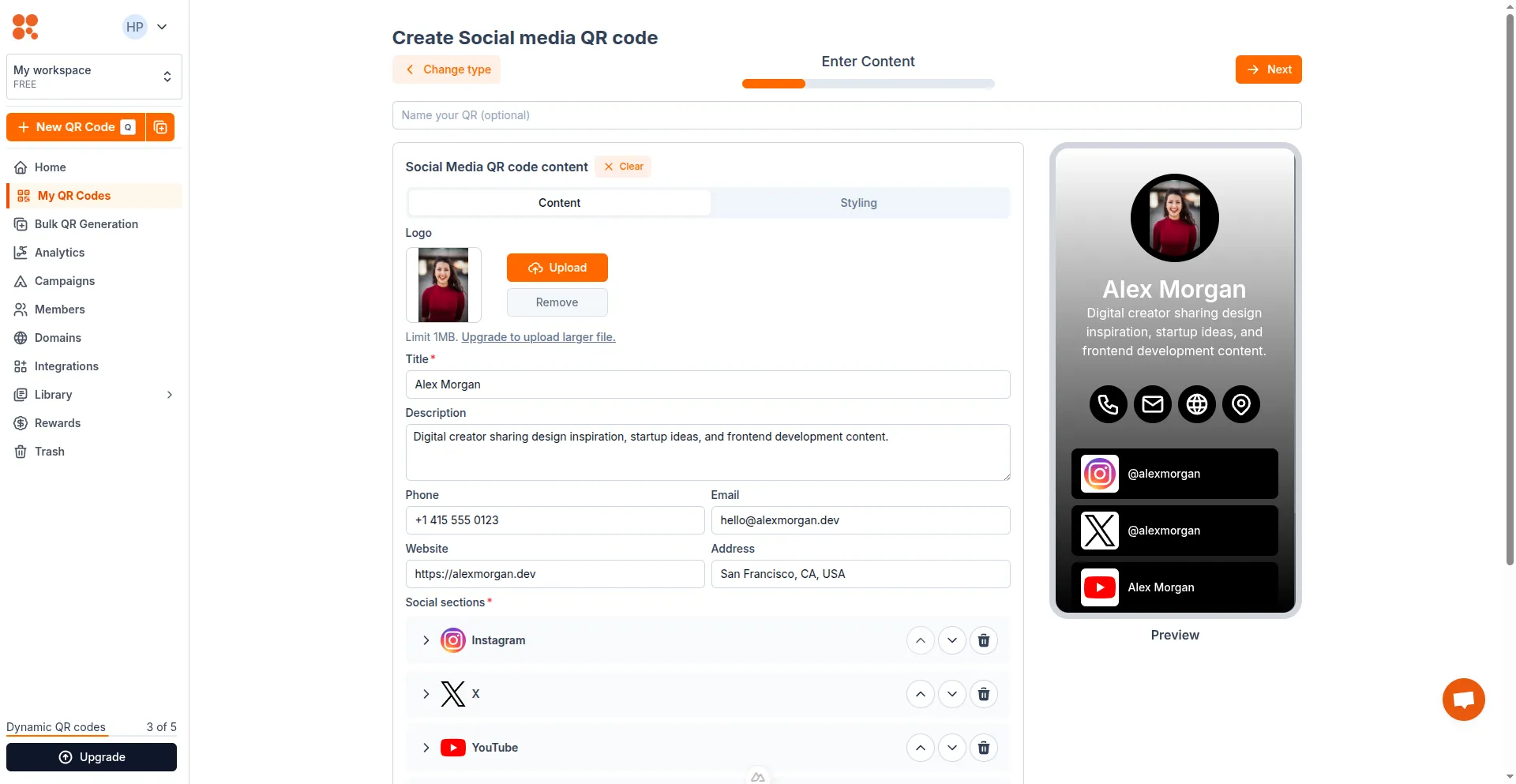 Enter Social media QR content
