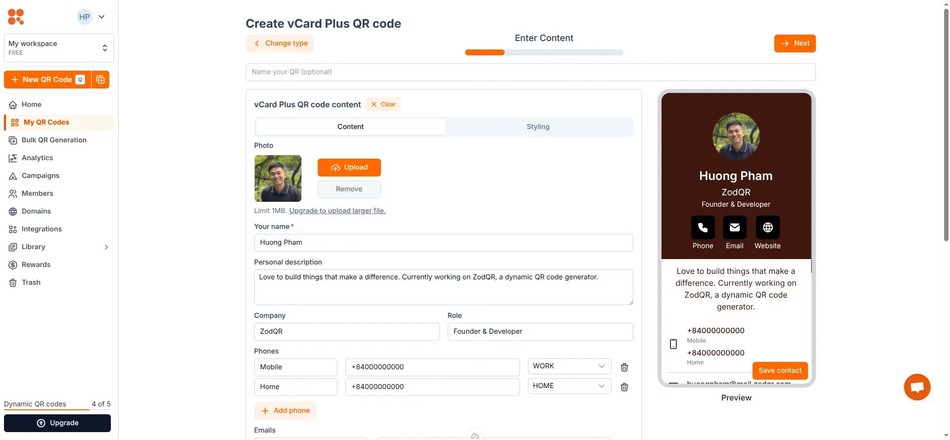 Enter vCard Plus QR content