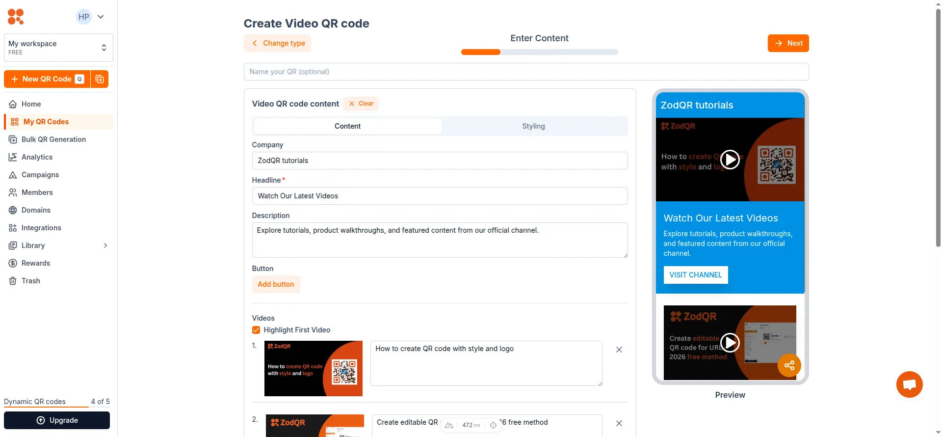 Enter Video QR content
