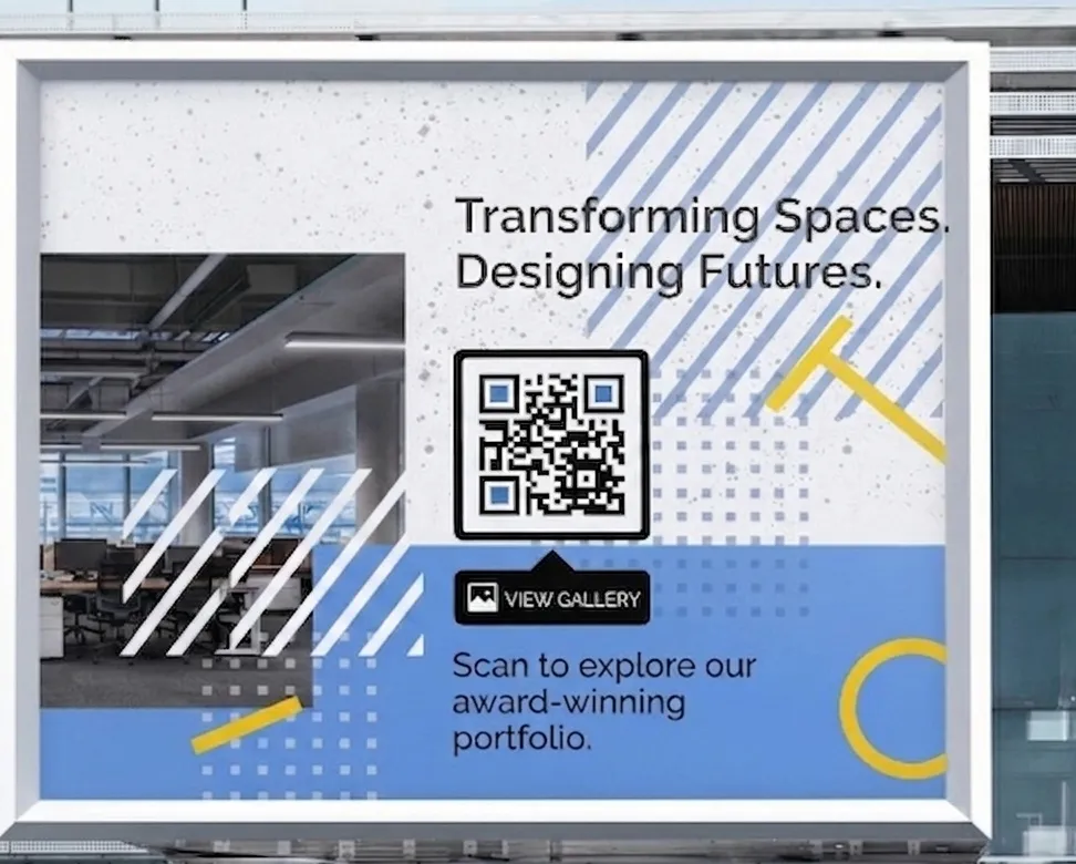 An outdoor billboard with a QR Code that opens a project photo gallery