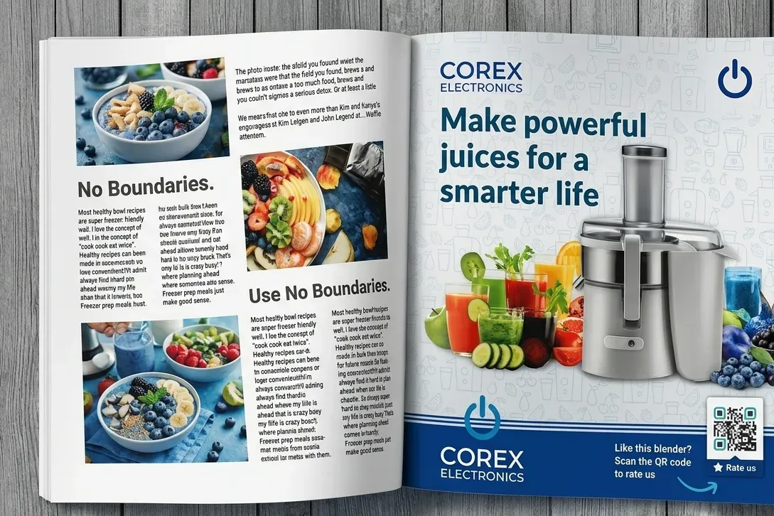 An advertisement for an electronics product in a corporate magazine with a QR Code