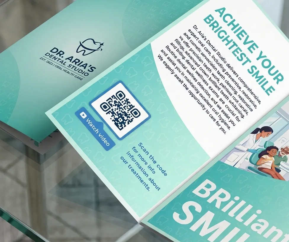 Video QR code on dental care brochure