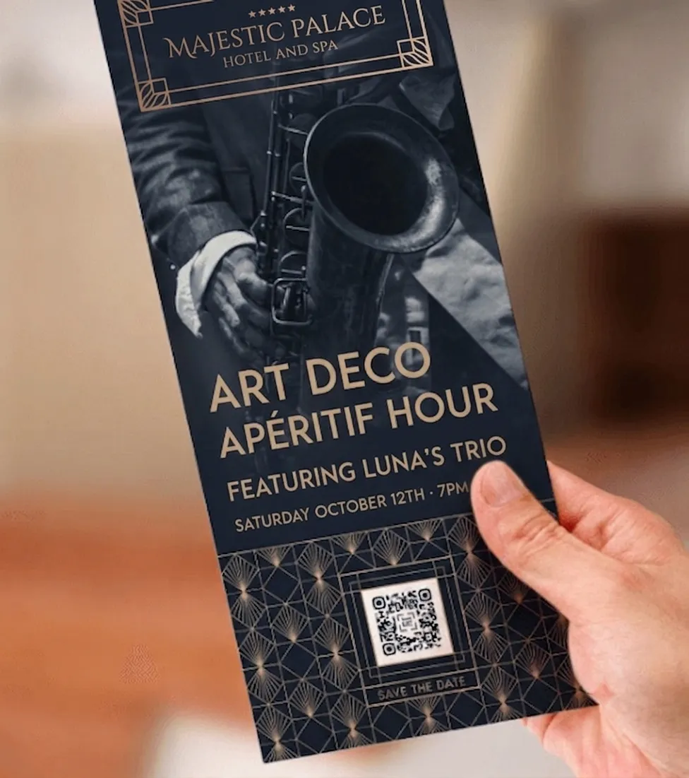 A promotional hotel flyer featuring an Event QR Code.
