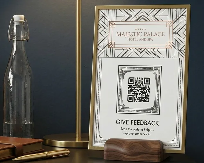 A room table tent featuring a Feedback QR Code.