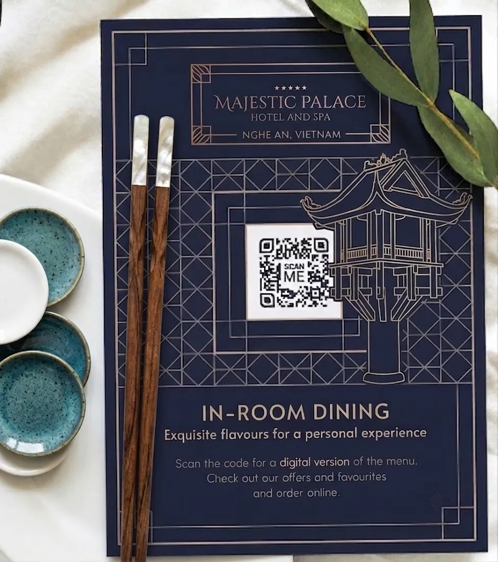 A room service menu featuring a menu QR Code.