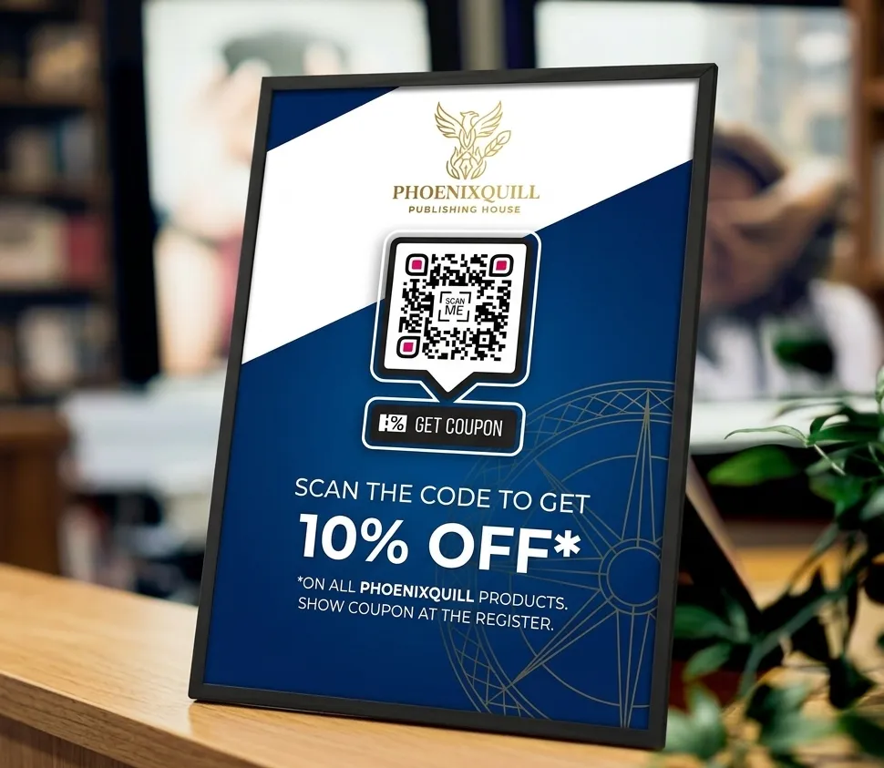A table tent with a QR Code that offers readers a discount coupon when scanned.