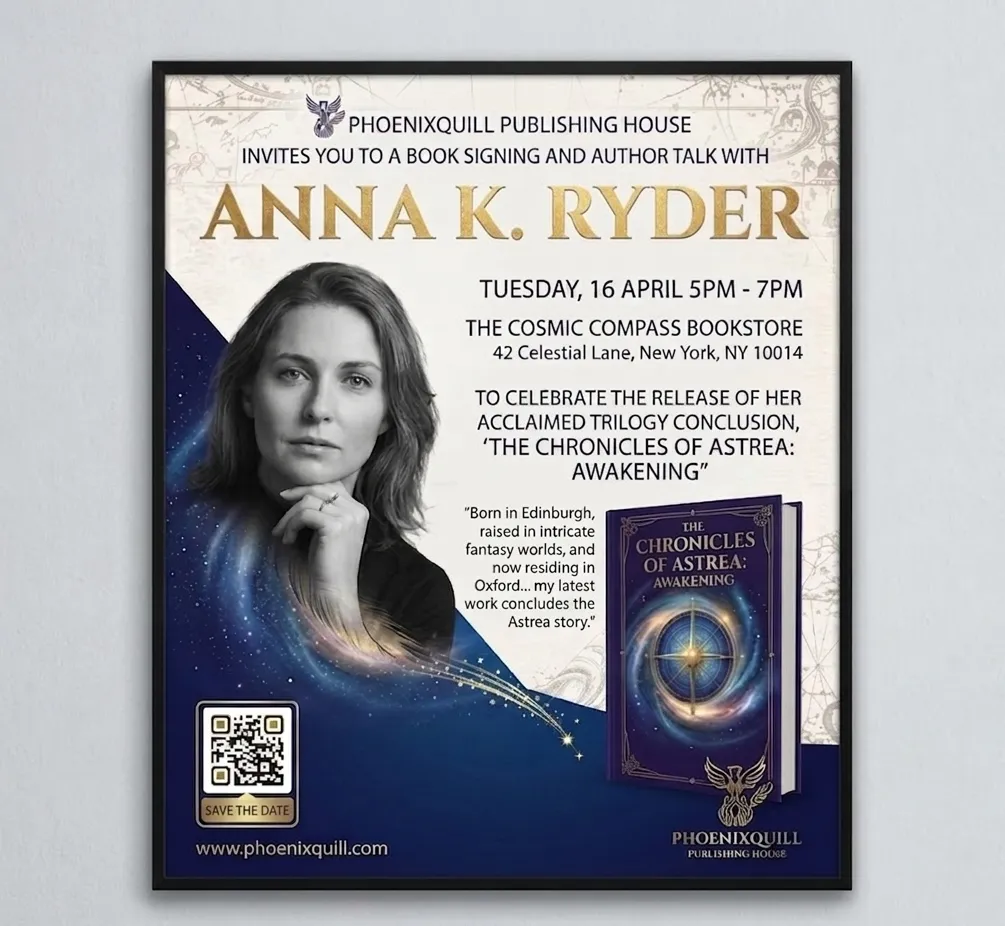 An outdoor poster that promotes a book launch event with a QR Code that redirects users to all the event information when scanned.