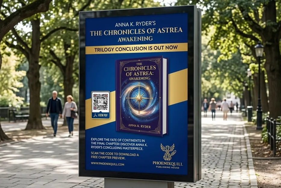 An outdoor advertisement for a new book with a QR Code that gives a free preview of the book.