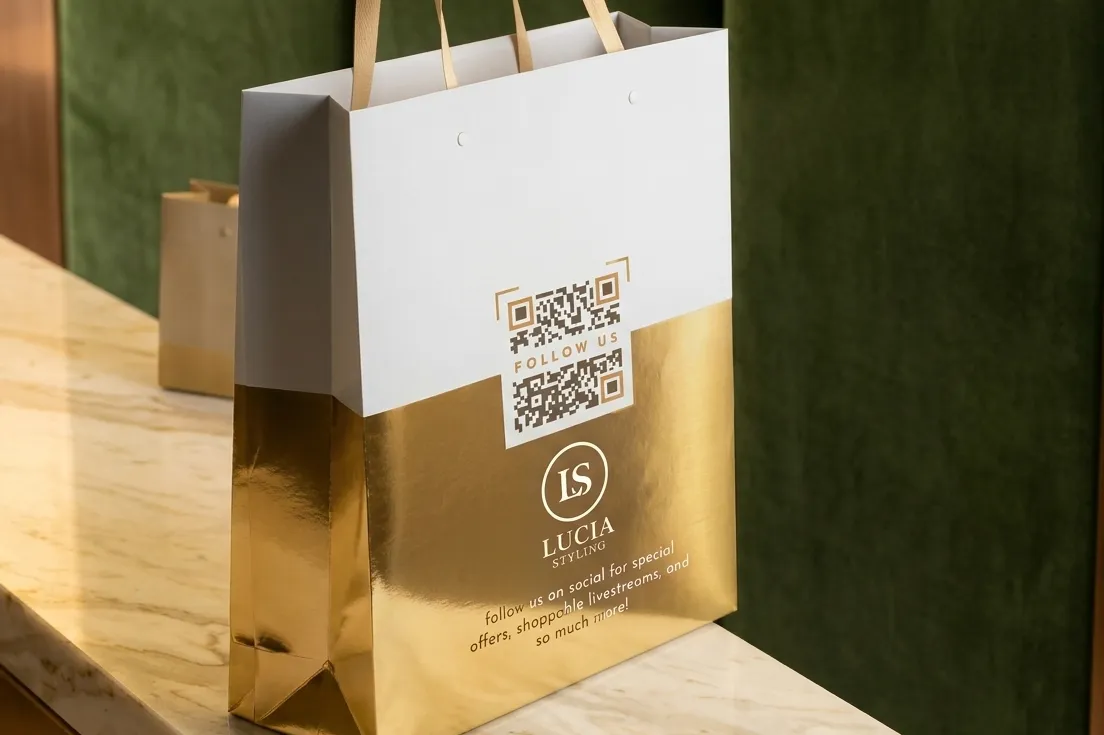 Social Media QR Code printed on a retail shopping bag